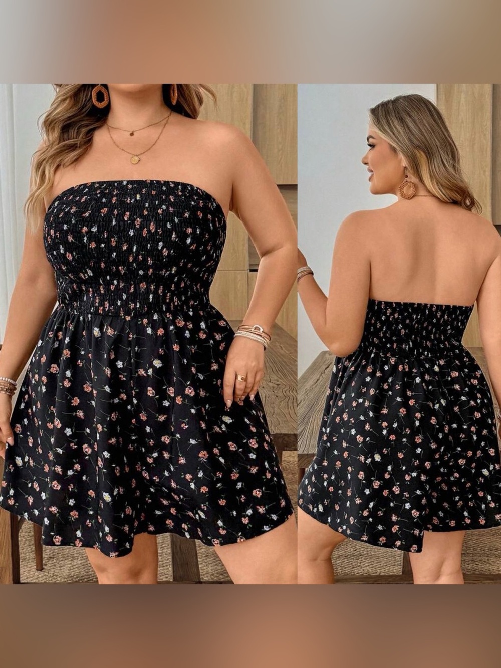 SHEINCurve+ Black Strapless Smocked Floral Romper
